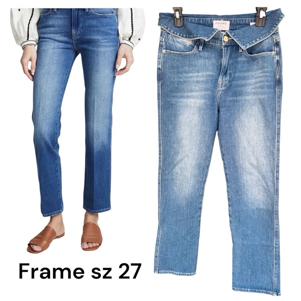 Frame Le High Straight Leg FOLD OVER Jeans Womens 27 Blue Denim  Light Wash WOW